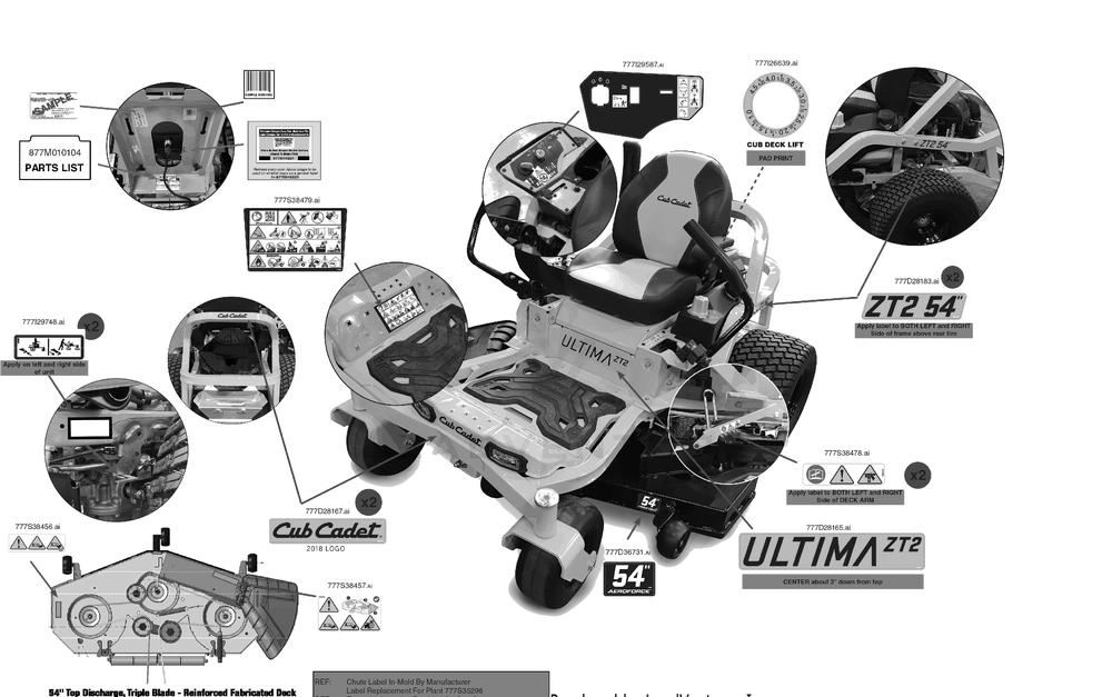 Label Map Diagram and Parts List for ZT2-54KW (17TIEAC3010)(2023) Cub Cadet Lawn Tractor